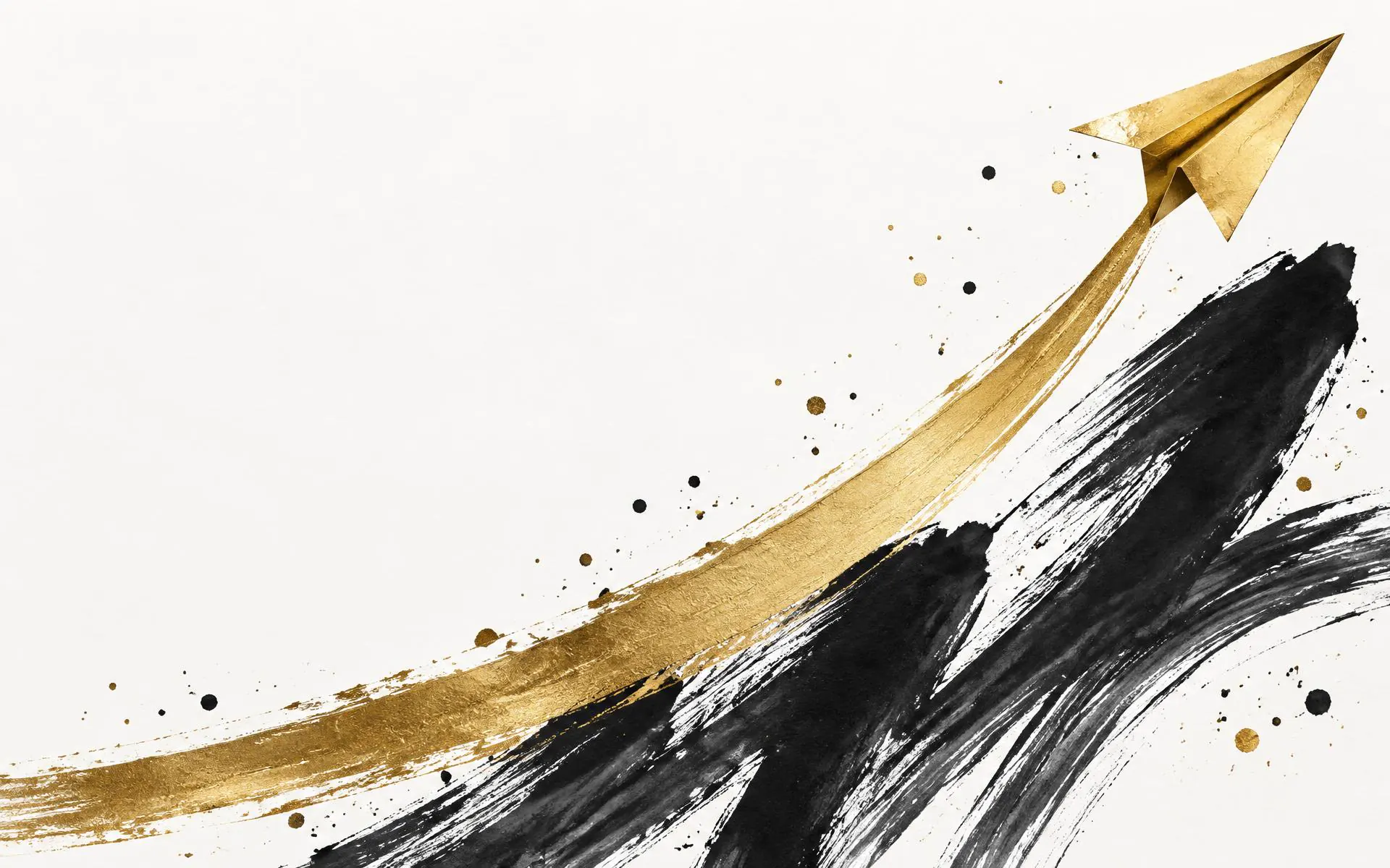 Gold paper plane launching over expressive black and gold brush strokes
